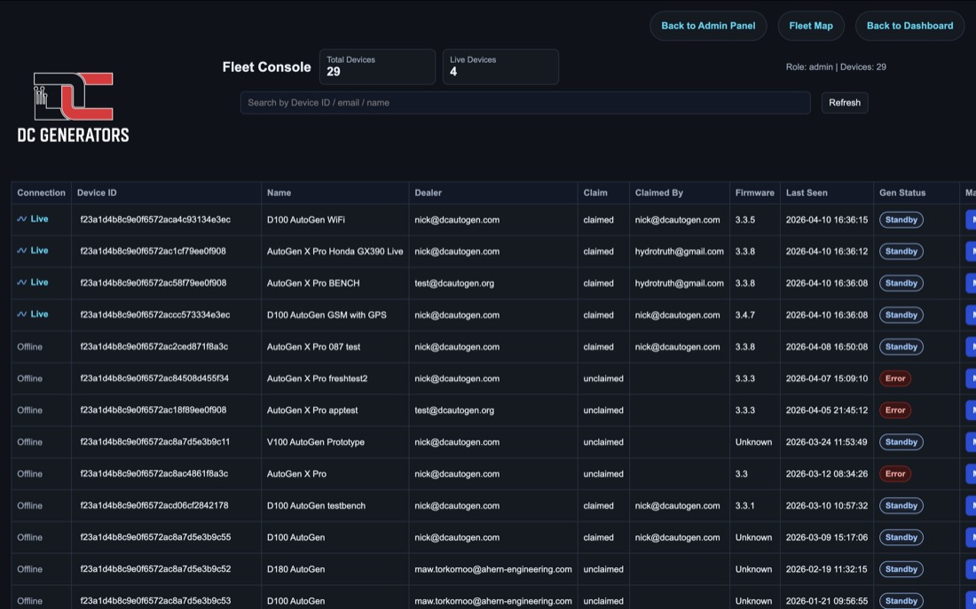 AutoGen dealer fleet console showing customer devices, online status, firmware versions, and service controls