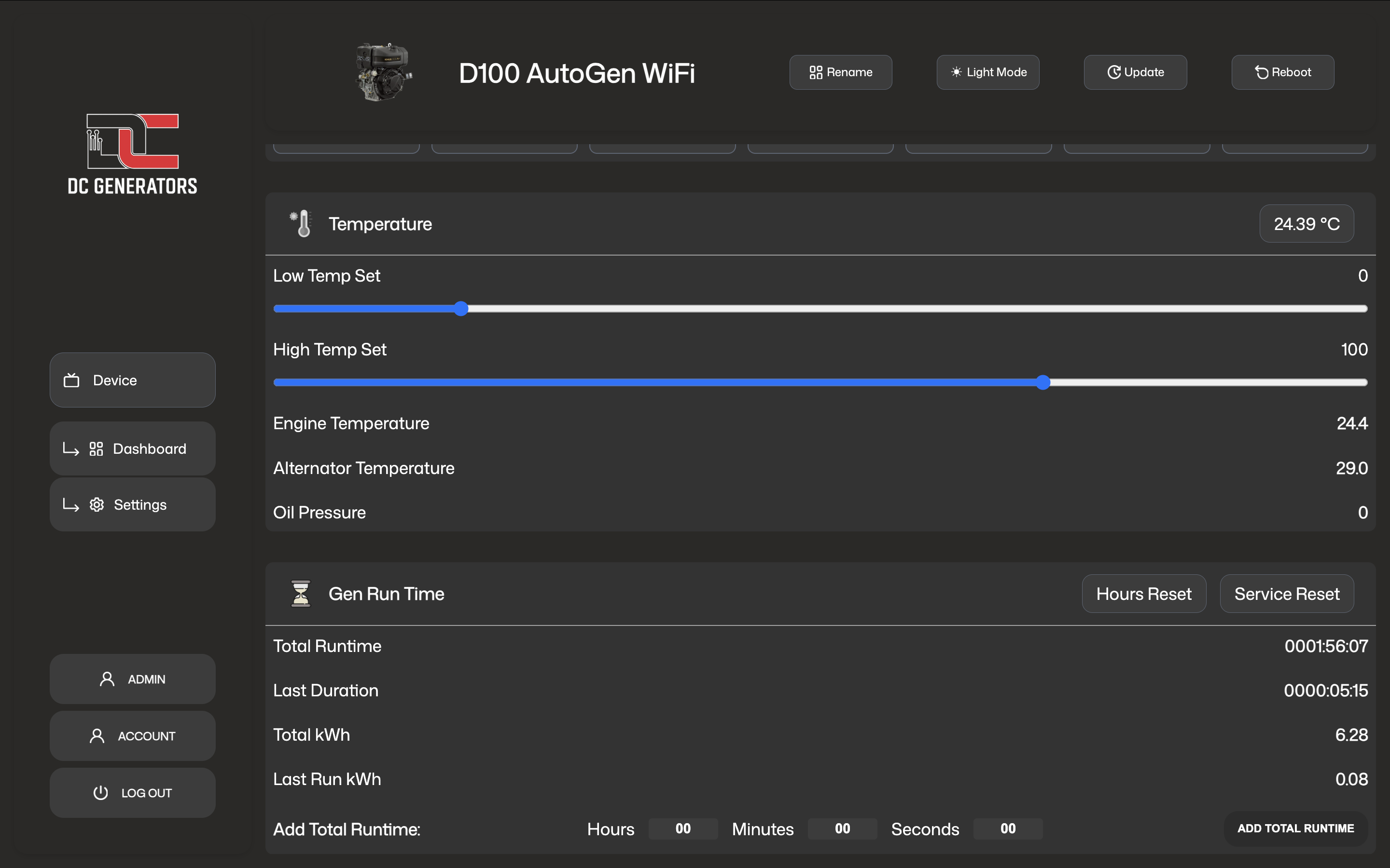 AutoGen generator temperature and runtime settings